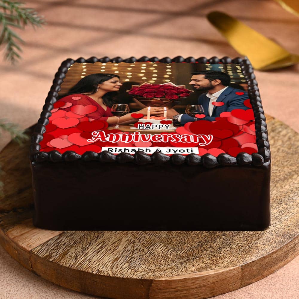 Side View of Square Shape Photo Cake for Wedding Anniversary