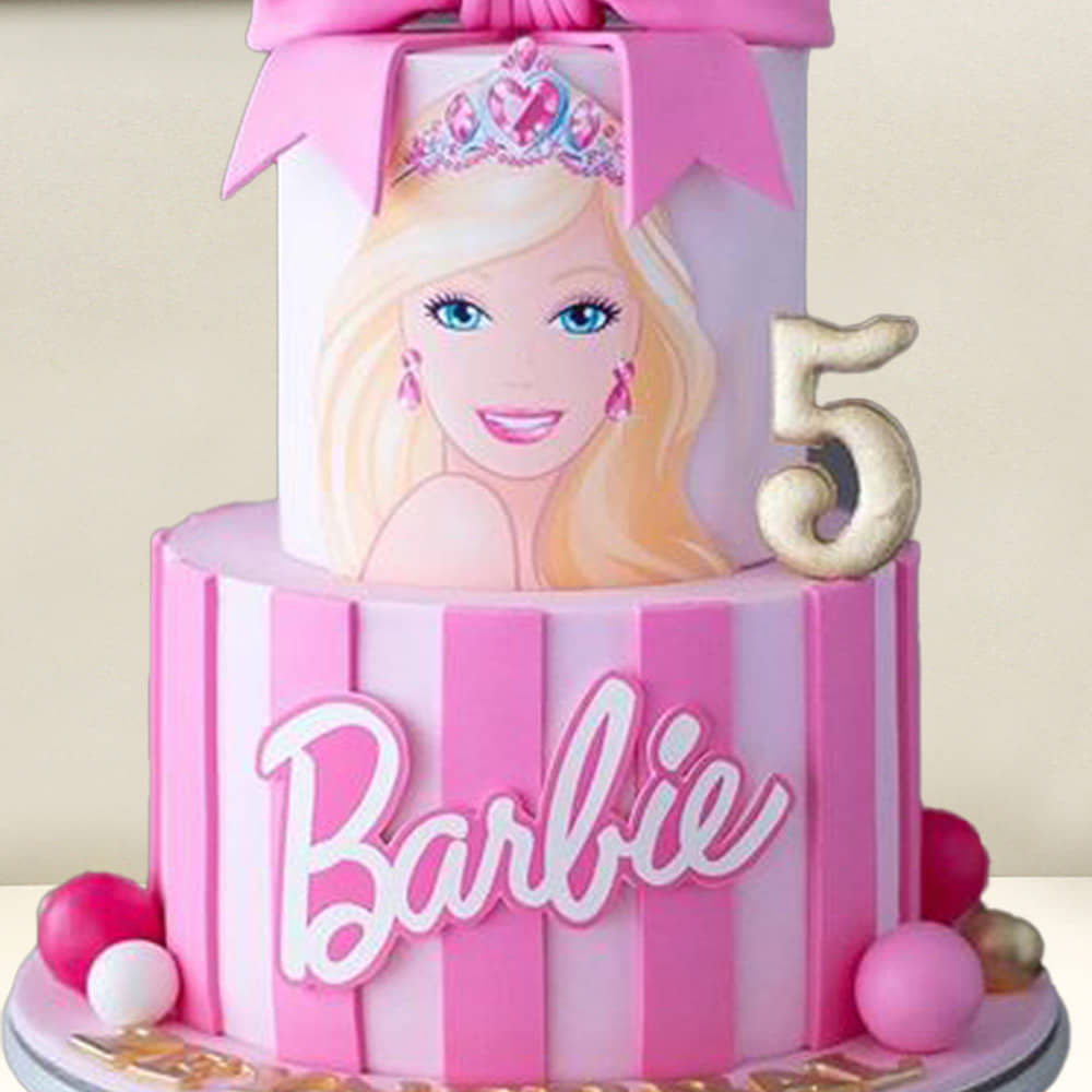 Side View of Barbie Tiered Cream Sugar Sheet N Fondant Cake