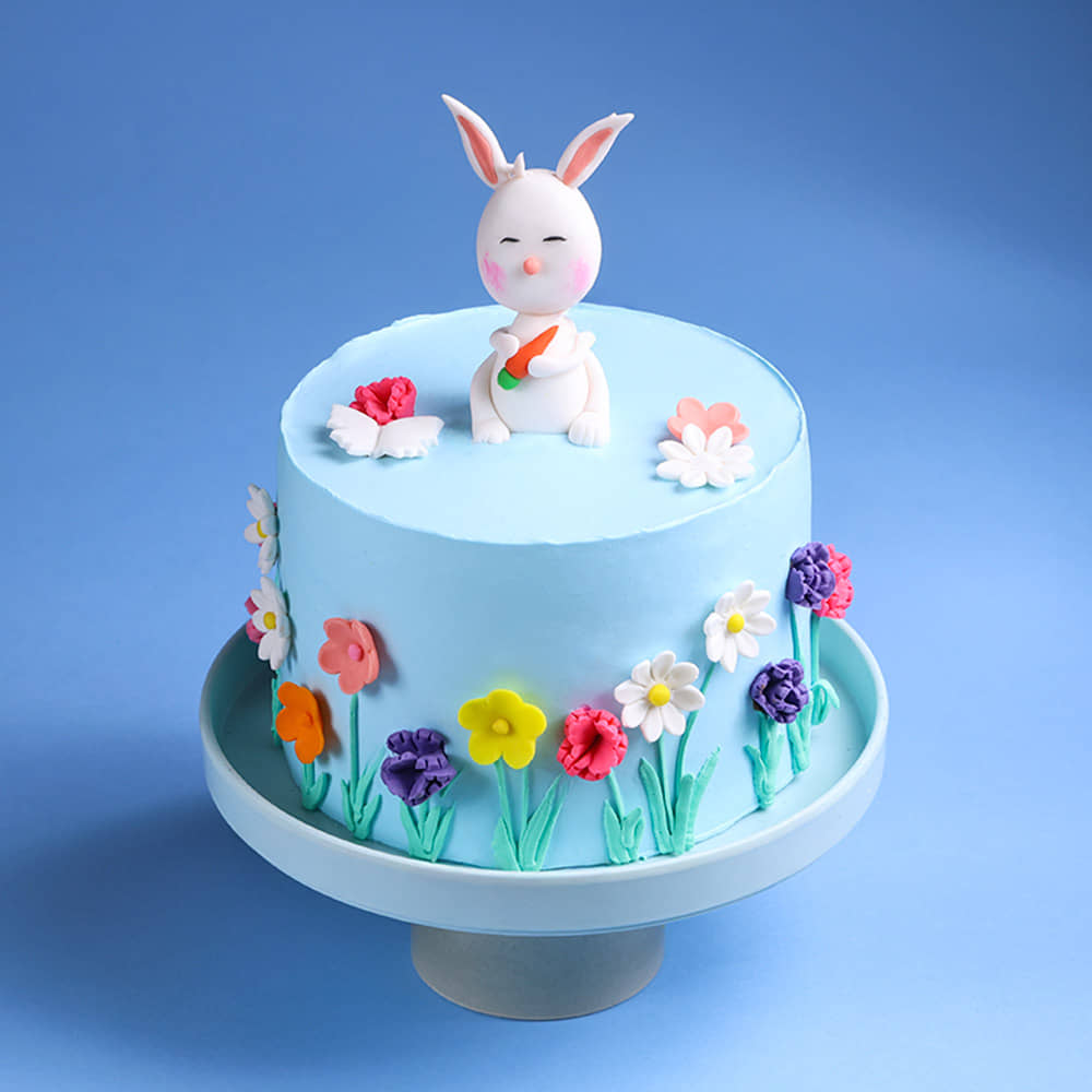 Front View of Bunny Floral Garden Delight Cake