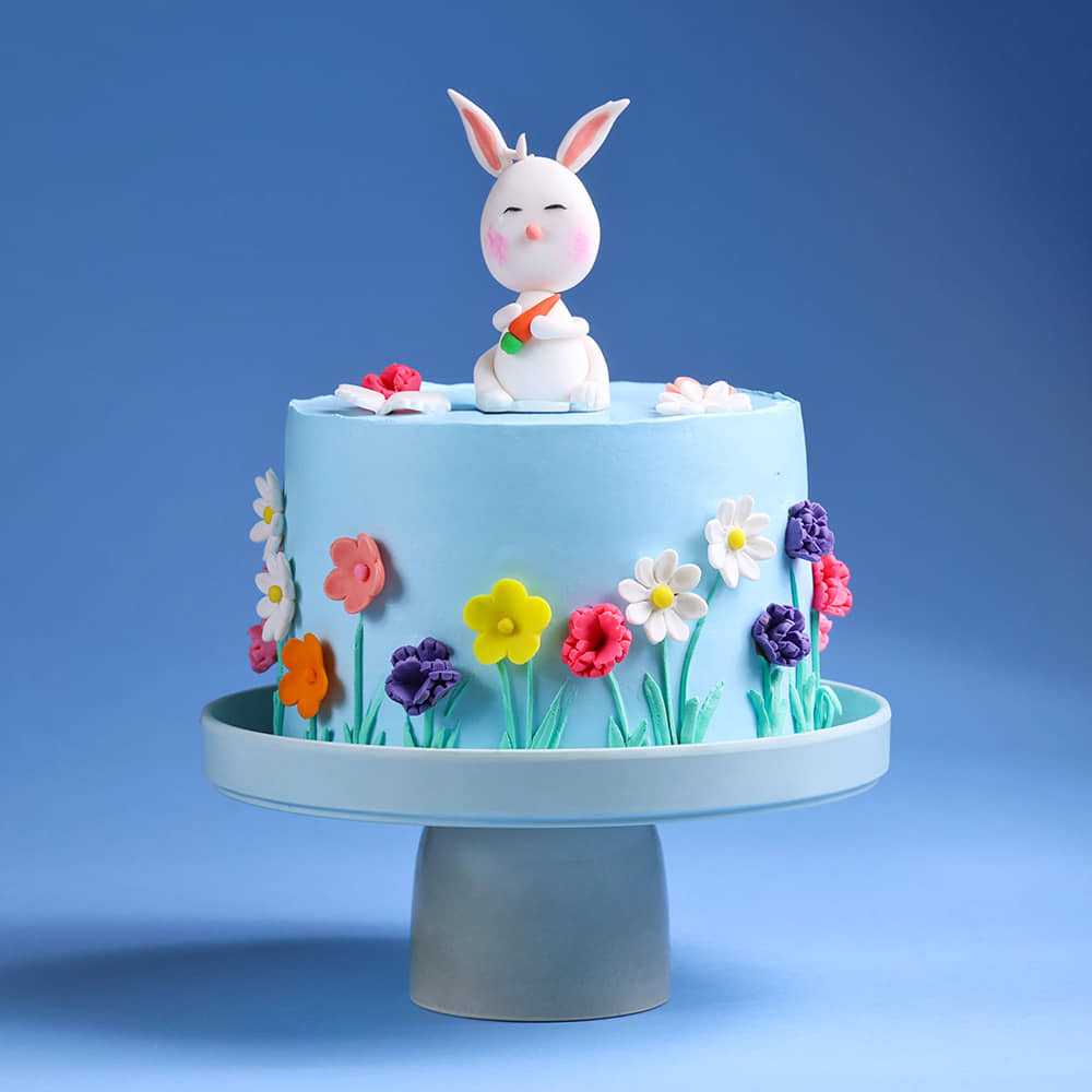 Side View of Bunny Floral Garden Delight Cake
