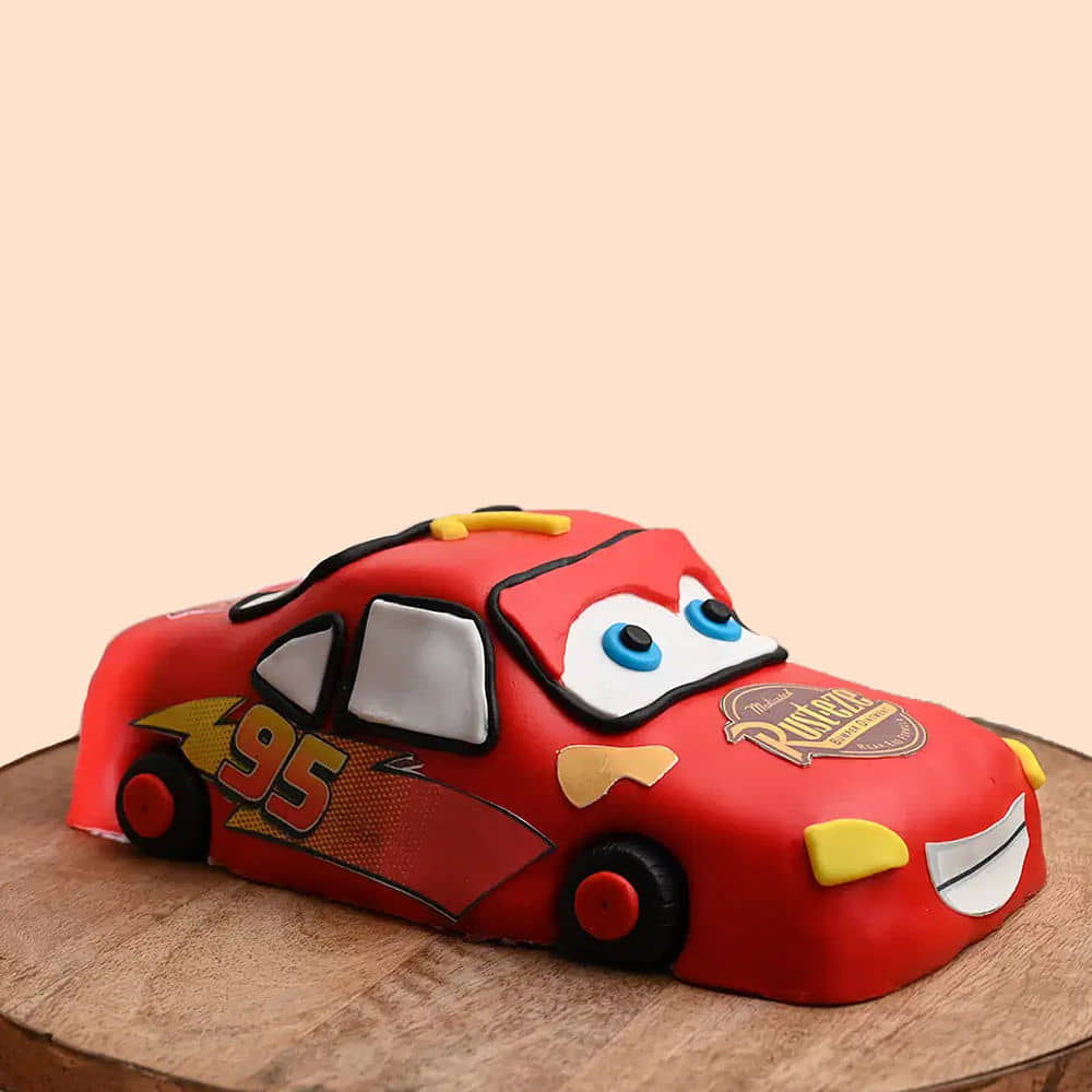 Cartoon Car Theme Cake Front View: McQueen Racer - Car Theme Birthday Cake