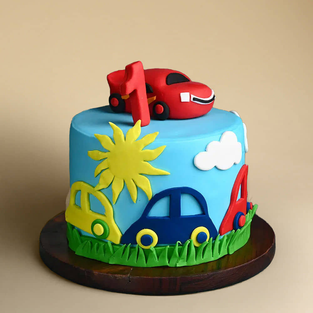 Vibrant Cars Birthday Cake Top View of Car Fondant Cake