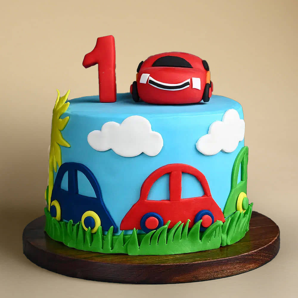 Vibrant Cars Birthday Cake Front View of Car Fondant Cake