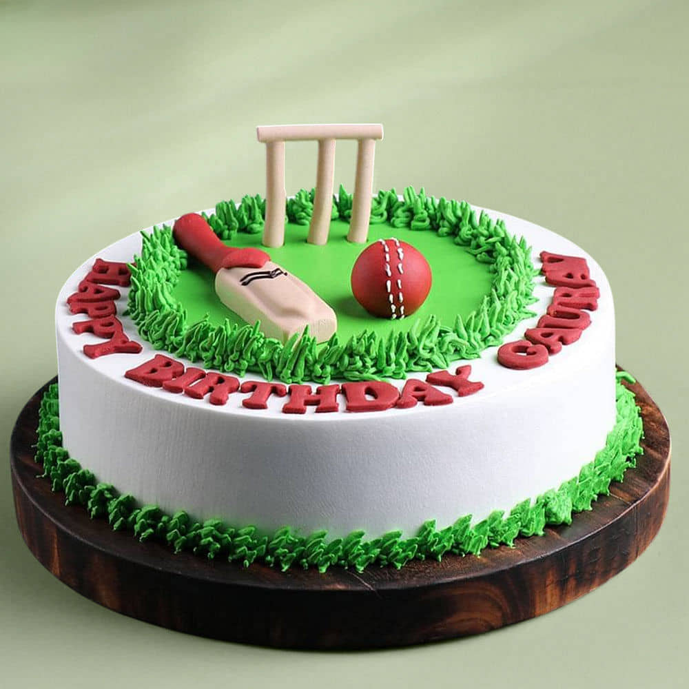 Cricket Pitch Theme Cake Front View of Cricket Fan Dream Cake