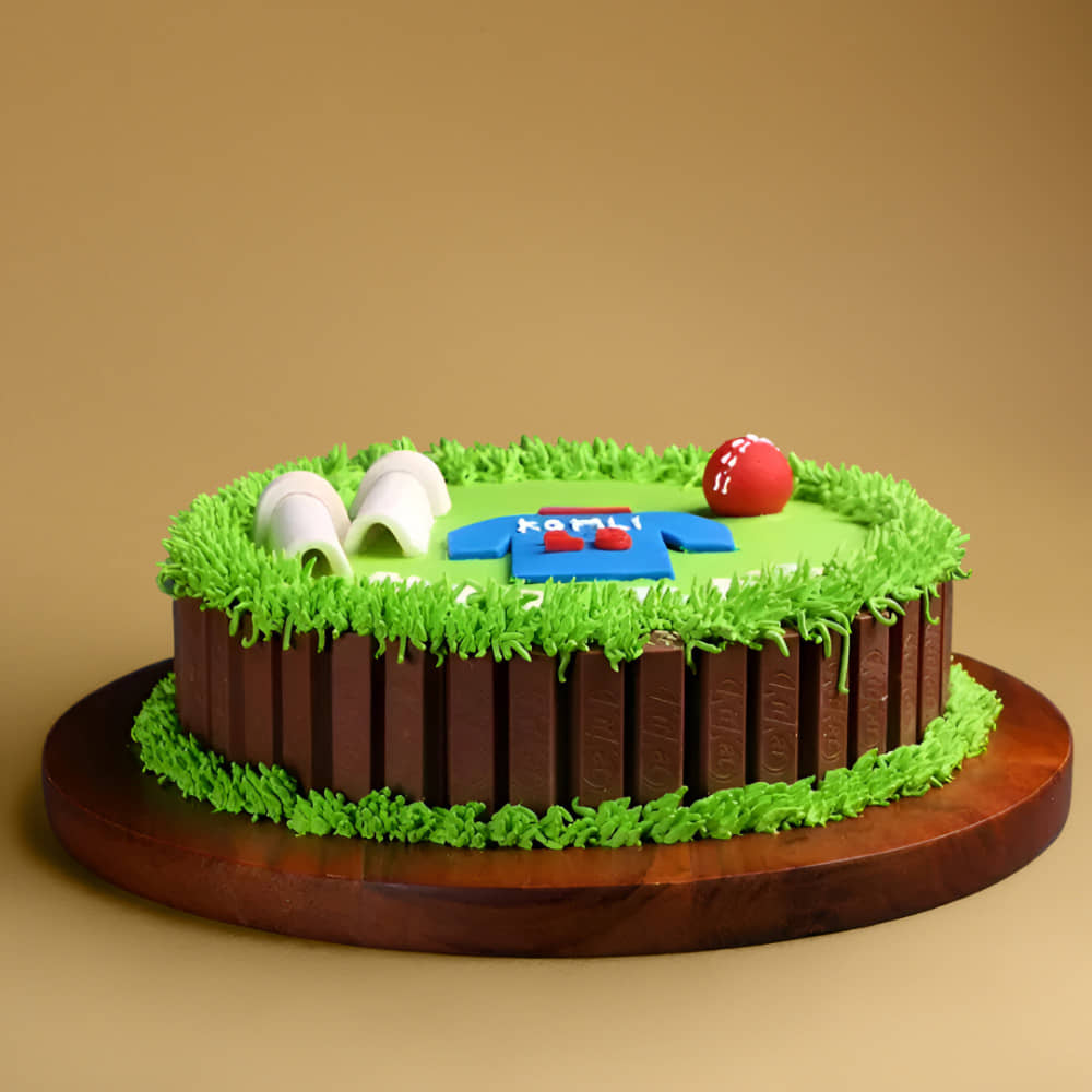 Bowler Praise Cricket Theme Cake Top View of Cricket KitKat Cake