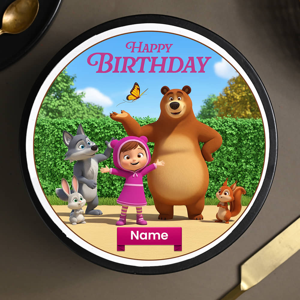Front View of Cheerful Masha and the Bear cake