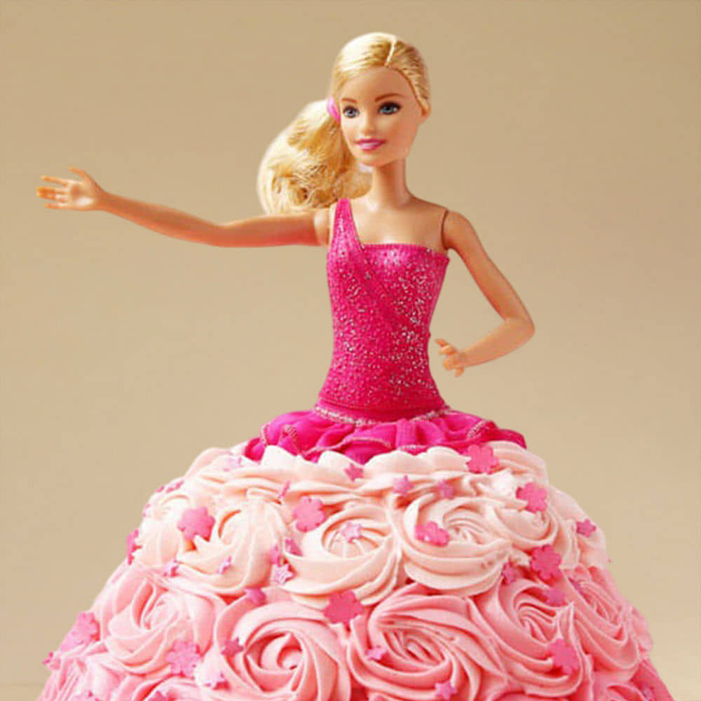 Front View of Pink Princess Barbie Cake