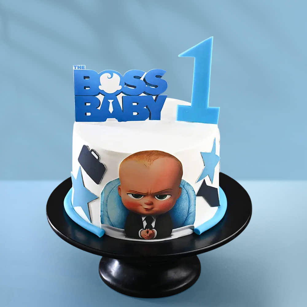 Front View of Fondant Boss Baby Birthday Cake