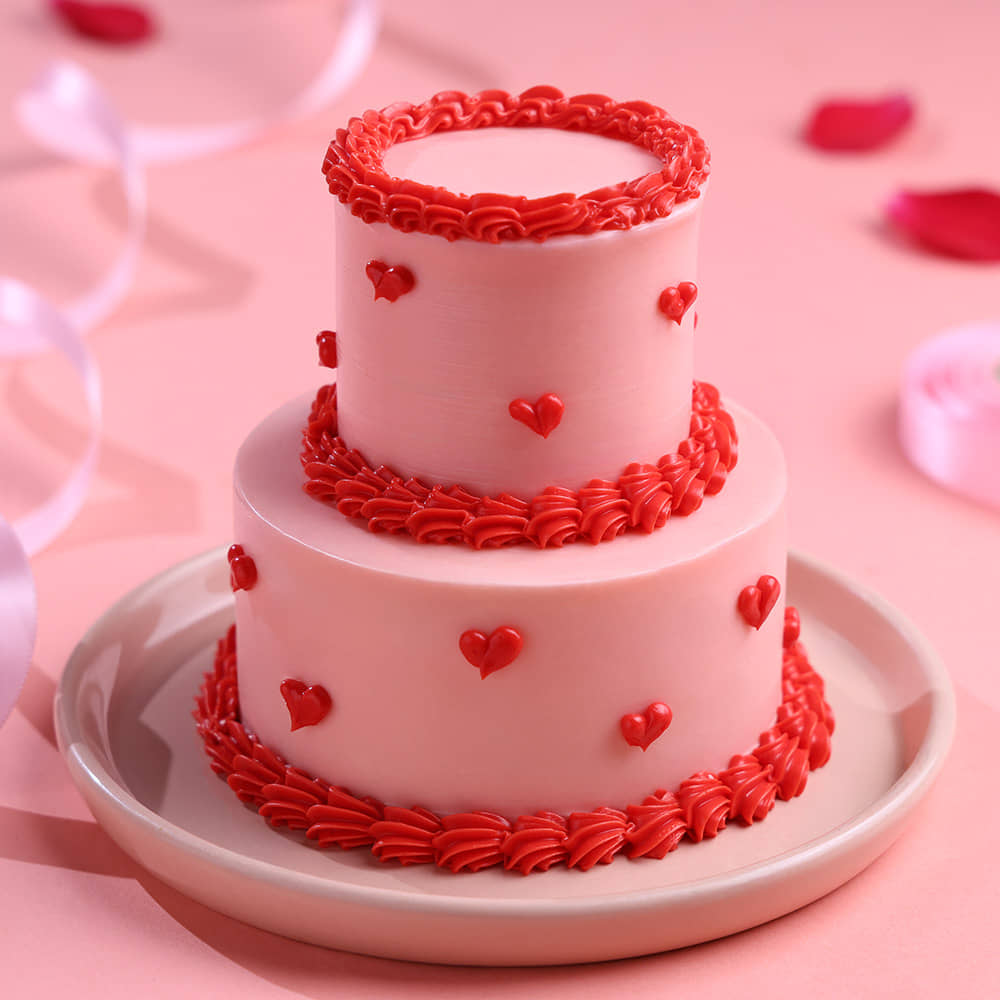 Front View of Heart Swirls Two Tiered Bento Cake