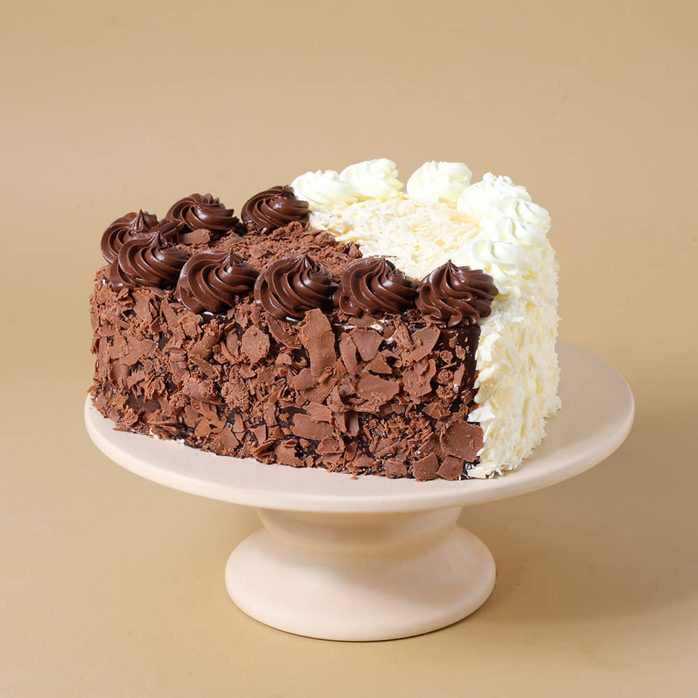 Heart Shape Double Delight Cake Side View of Hearty Black N White Forest Cake