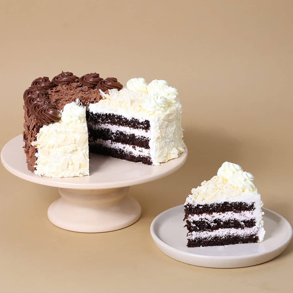 Heart Shape Double Delight Cake Sliced View of Hearty Black N White Forest Cake