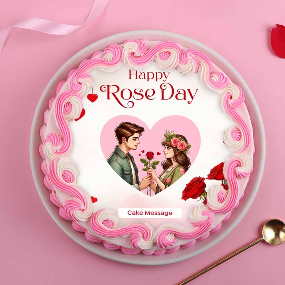 Loving Couple Rose Day Cake Top View of Loving Couple Rose Day Cake
