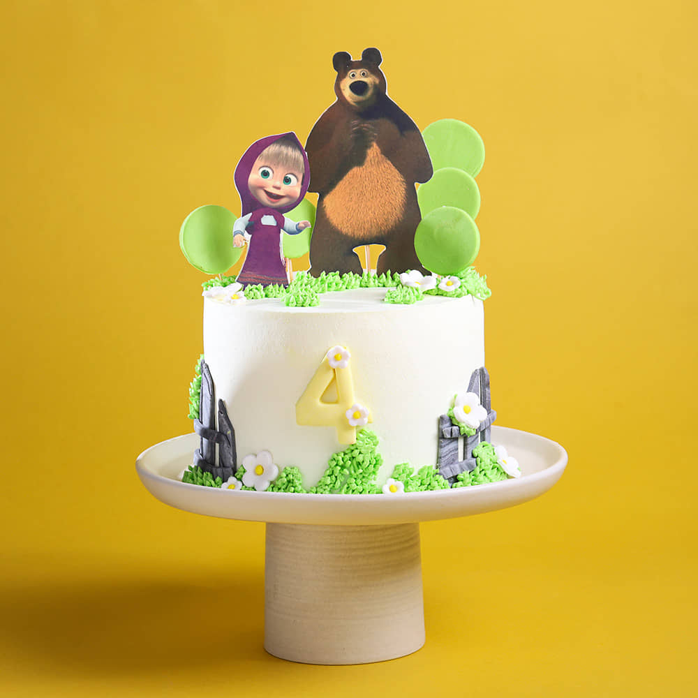 Masha and the Bear 4th Birthday cake with Character toppers, Green Frosting Grass