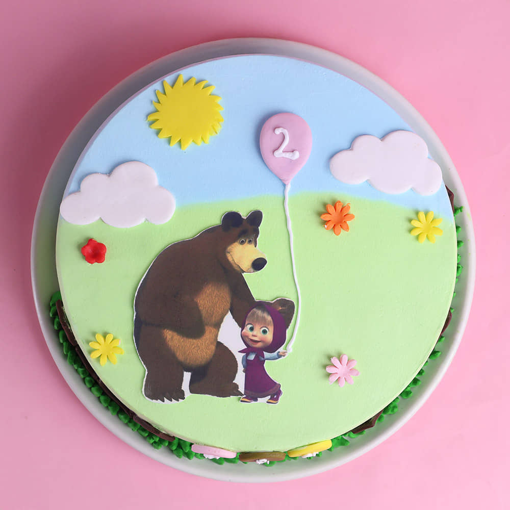 Masha and the Bear 2nd Birthday Cake with Pastel Green and Blue Frosting