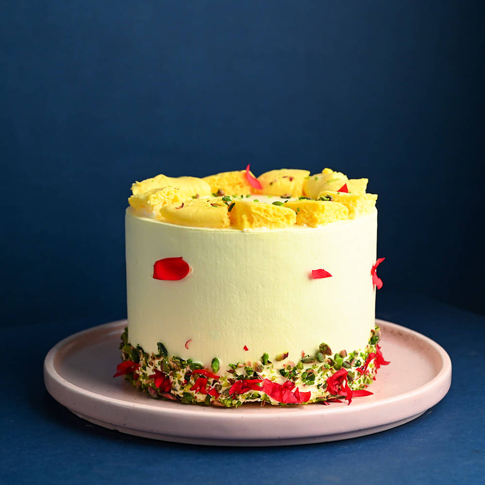 Side View of Rose Petals N Pistachio Rasmalai Cake