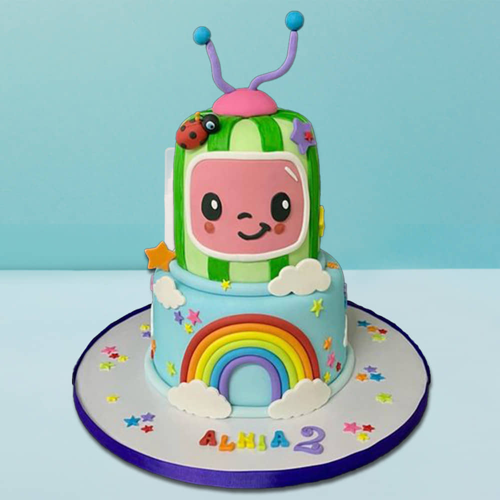 Two Tier Rainbow And Cocomelon Cake