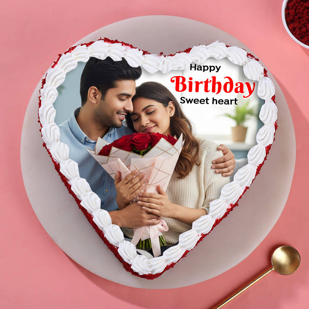 Red Velvet Heart Shape Photo Cake Top View of Red Velvet Heart Shaped Photo Cake
