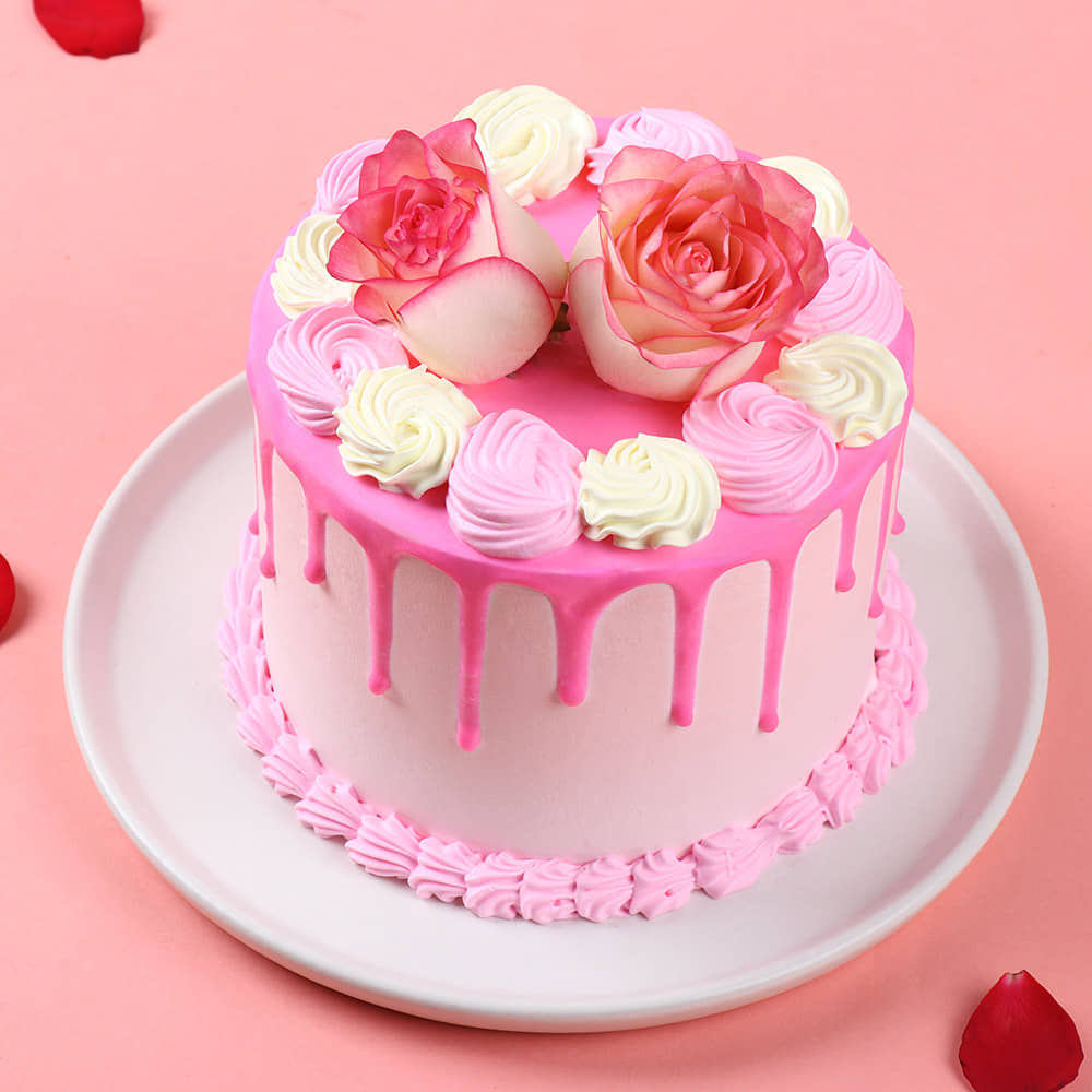 Pastel Rose Drip Cake Top View of Rosy Delight Cream Cake