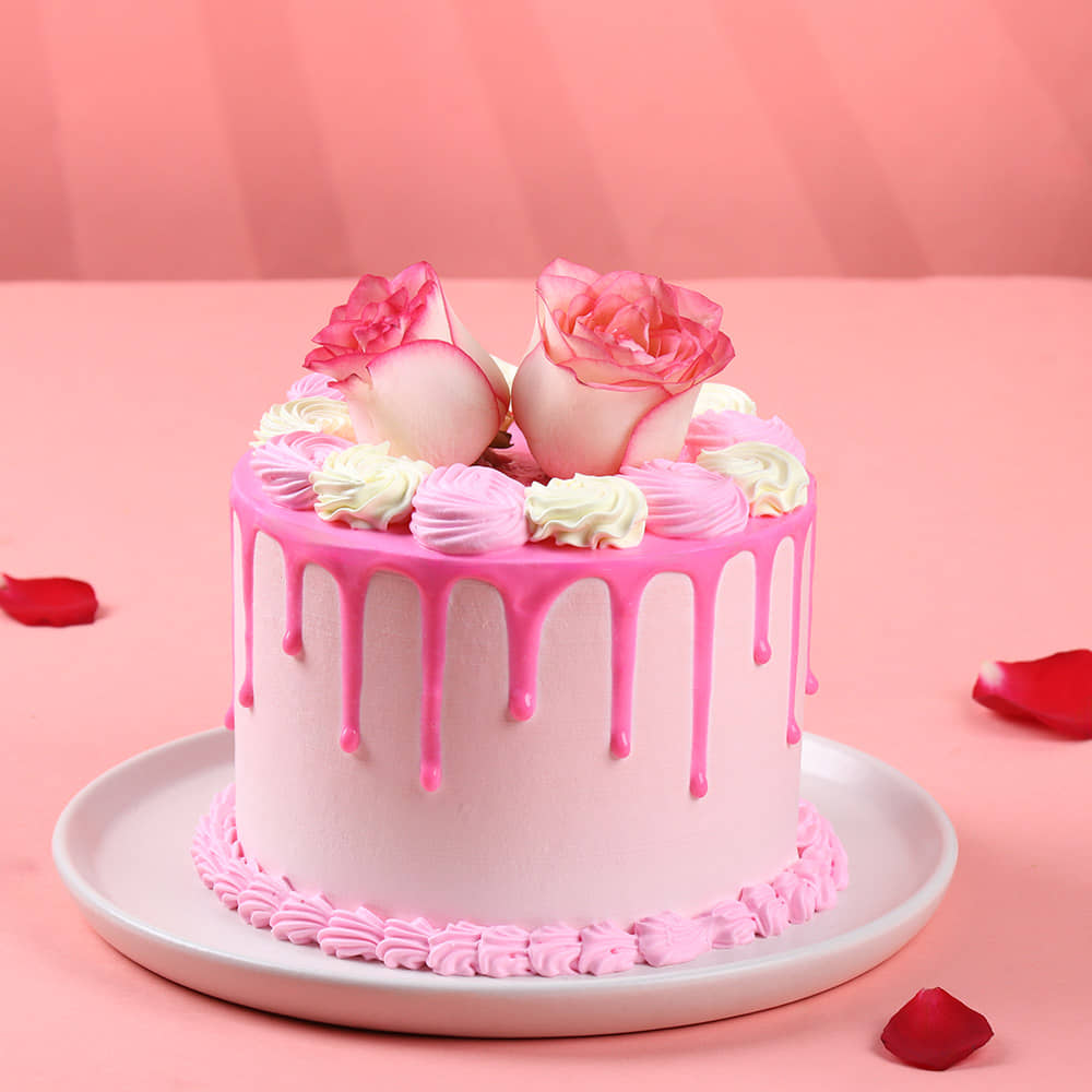 Pastel Rose Drip Cake Front View of Rosy Delight Cream Valentine Cake