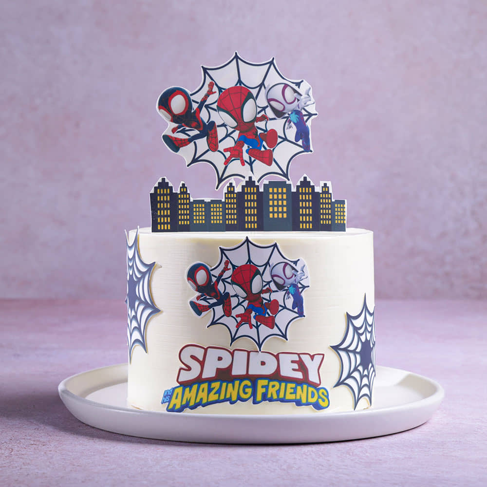 Front View of Spiderman N Friends Cake