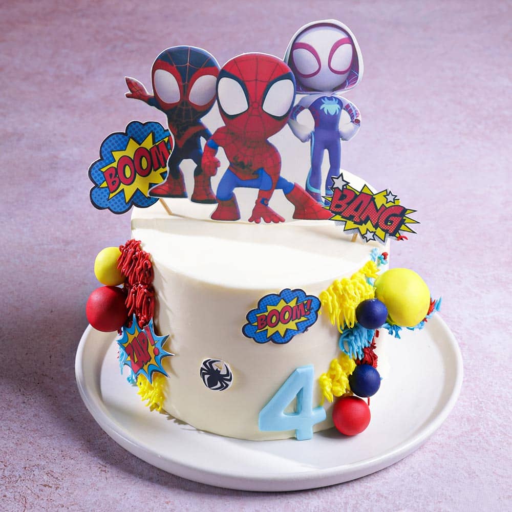 Front View Spidey And Hero Friends Theme Cake