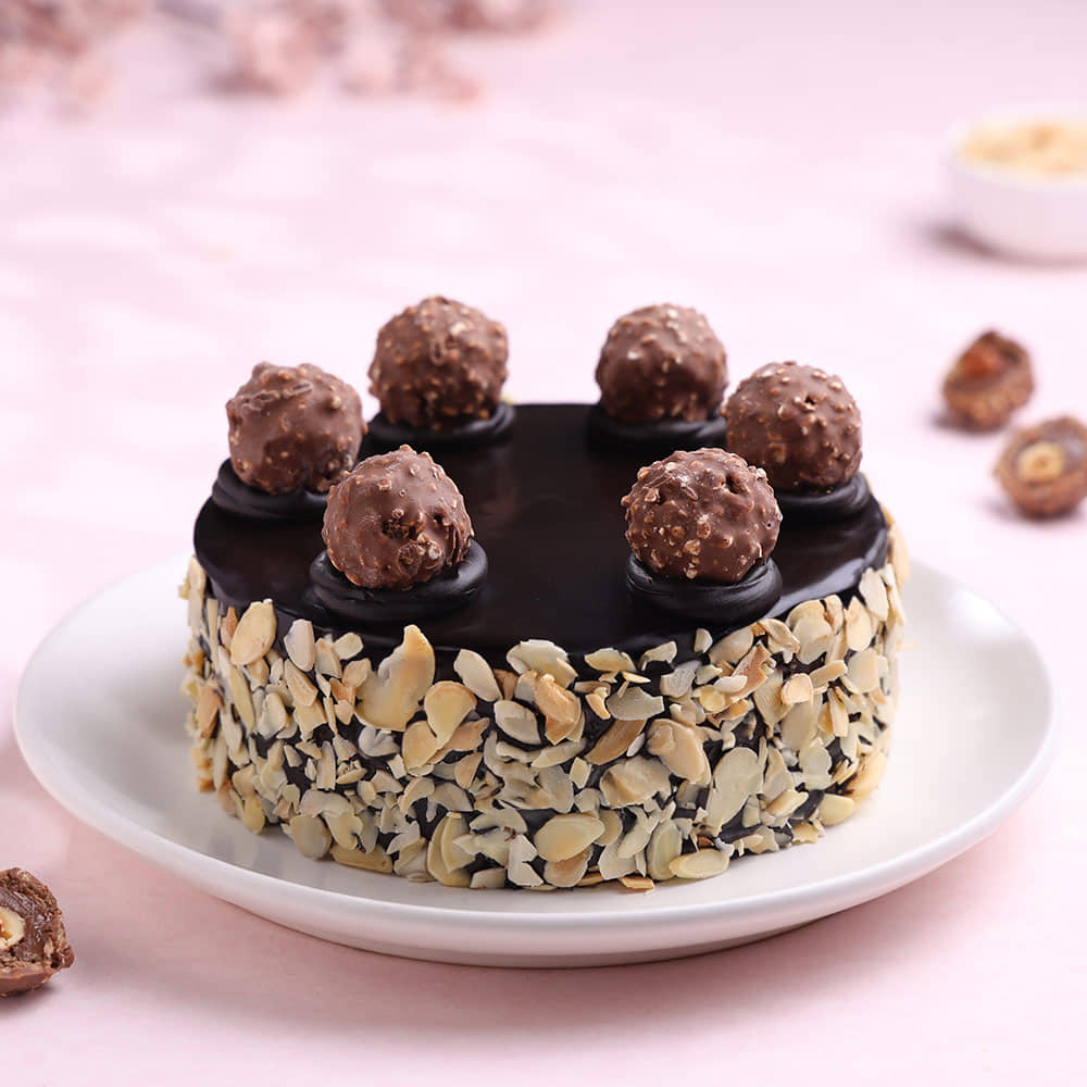 Front View of Chocolate Ferrero Rocher Almonds Cake