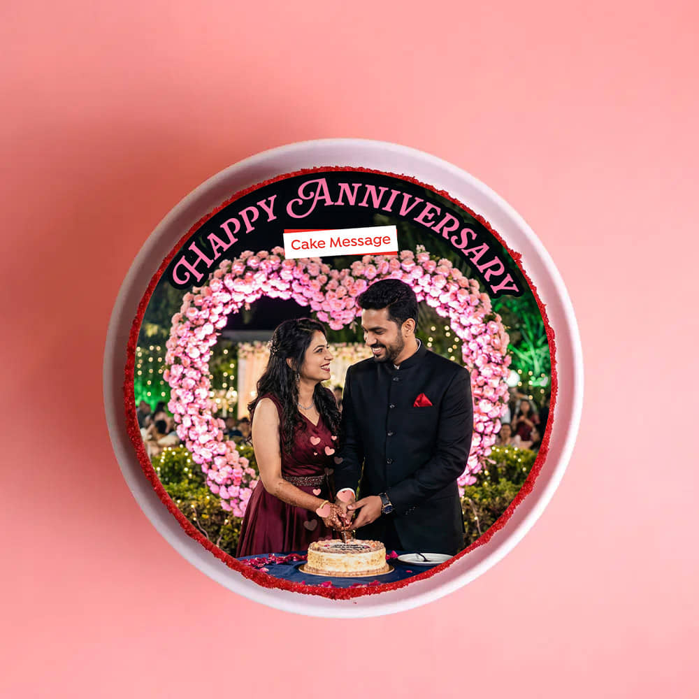 Top View of Red Velvet Photo Cake For Anniversary
