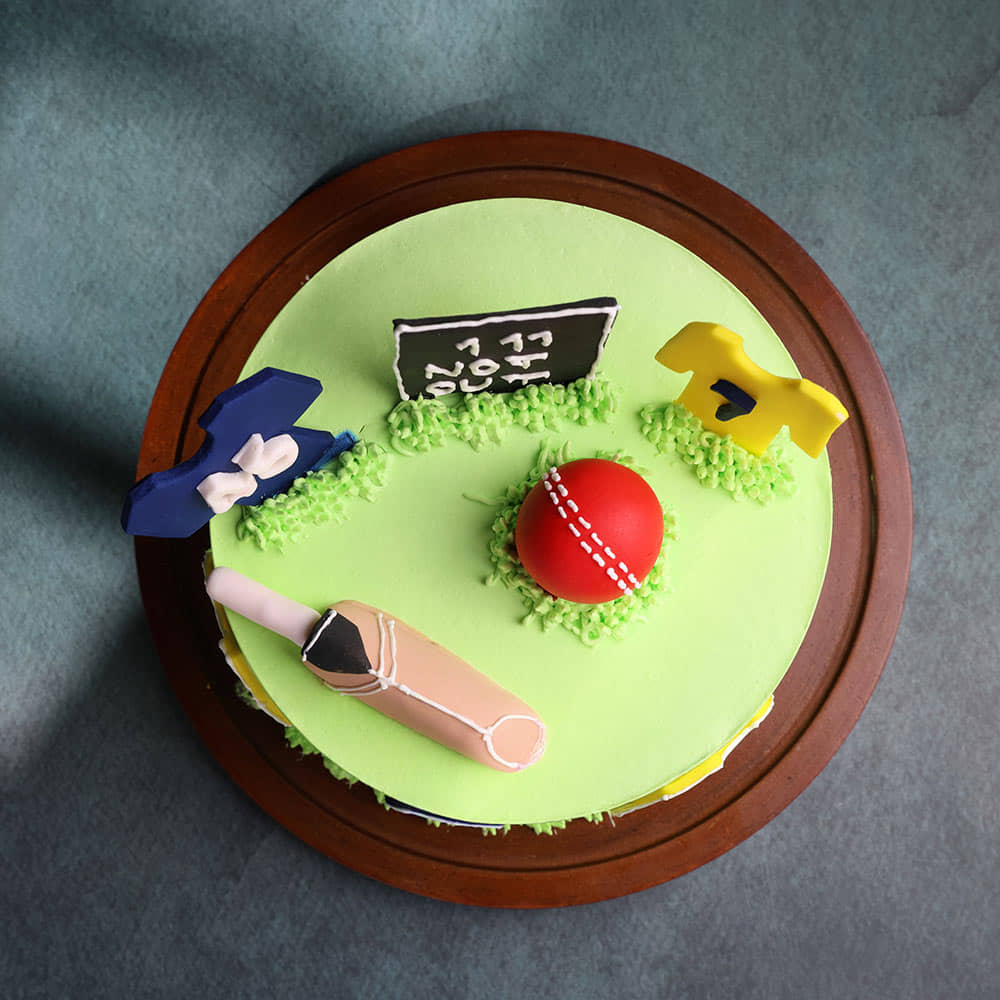 Cricket Fever Theme Cake Top View of Cricket Not Out Theme Cake