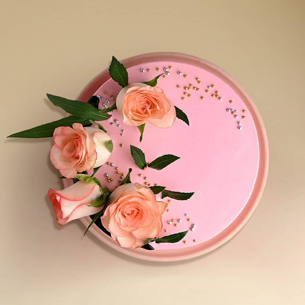 Top View of Pink Rose Cake with Romantic Rose Swirls